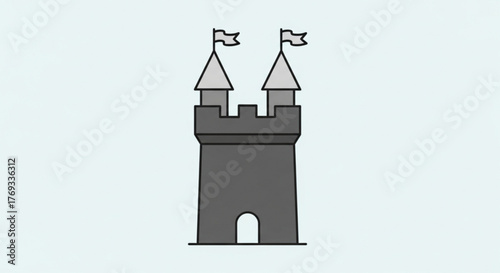 Illustration of a gray castle tower with two flags on top, , perfect for fairy tales and childrens books