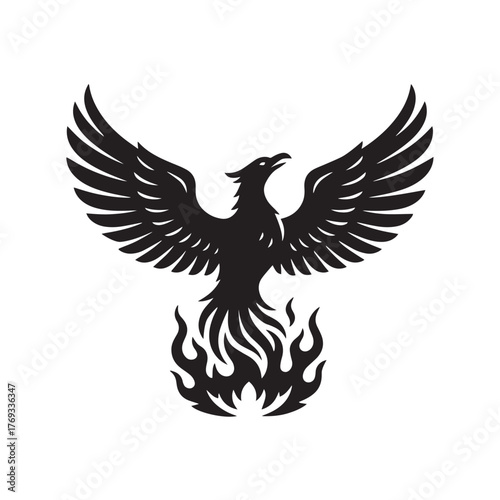 Silhouette of phoenix rising, white background.