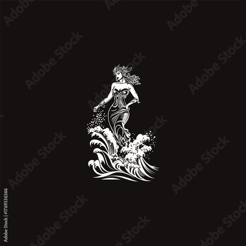 High-contrast black and white vector illustration of a powerful mythical female character or superhero standing on a crashing ocean wave, perfect for fantasy or comic themes.