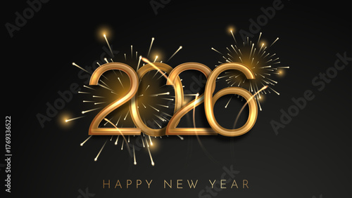 Elegant golden 2026 typography with sparkling fireworks and dark background celebrating New Year in luxury festive style. 2026 New Year Poster Design Vector Illustration 