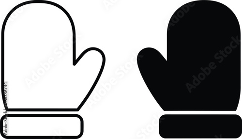 Two mittens, one outlined in white and the other filled in black, symbolizing winter clothing and protection from the cold.