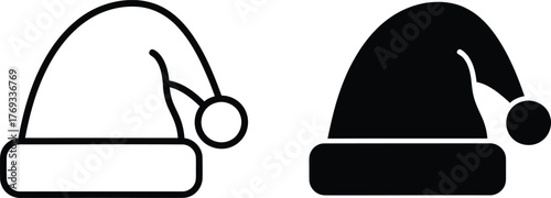 Two icons of a Santa hat, one in outline and the other filled in black, representing Christmas and holiday themes.