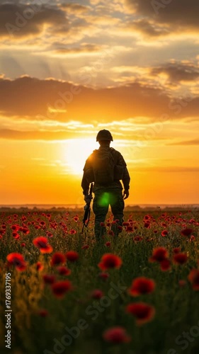 Soldier standing in a field of red poppies at sunset, holding a rifle, surrounded by vibrant flowers, symbolizing remembrance and honoring fallen heroes	