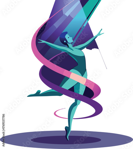 Elegant Ballet Dancer Under Spotlight – Fluid Pose with Swirling Ribbon Vector Illustration