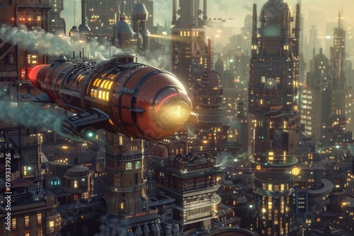 Steampunk airship navigating a futuristic cityscape with glowing lights and industrial chimneys at dusk
