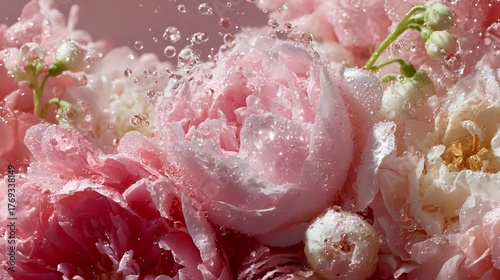 Fototapeta Naklejka Na Ścianę i Meble -  Pink and cream peonies with water drops and bubbles in soft dreamy macro photography, romantic floral composition with delicate petals and morning dew.