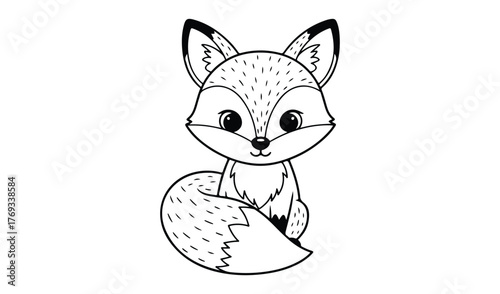 Cute hand drawn illustration of a sitting fox with a bushy tail