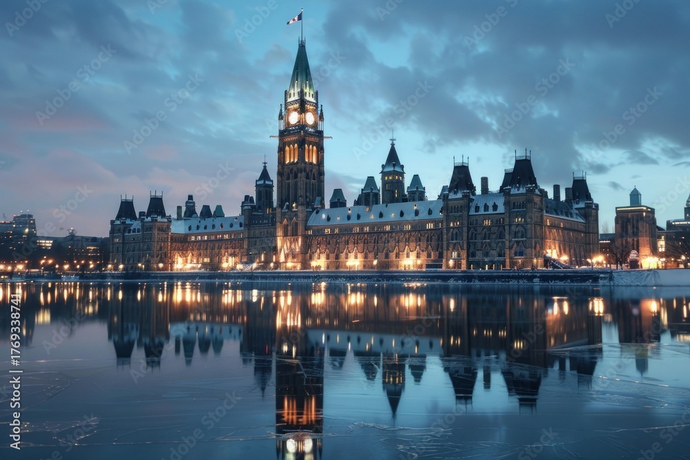 Obraz premium Parliament hill's iconic architecture lights up the winter twilight, reflecting beautifully on the frozen ottawa river