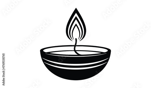 Simple black and white illustration of a lit diya oil lamp