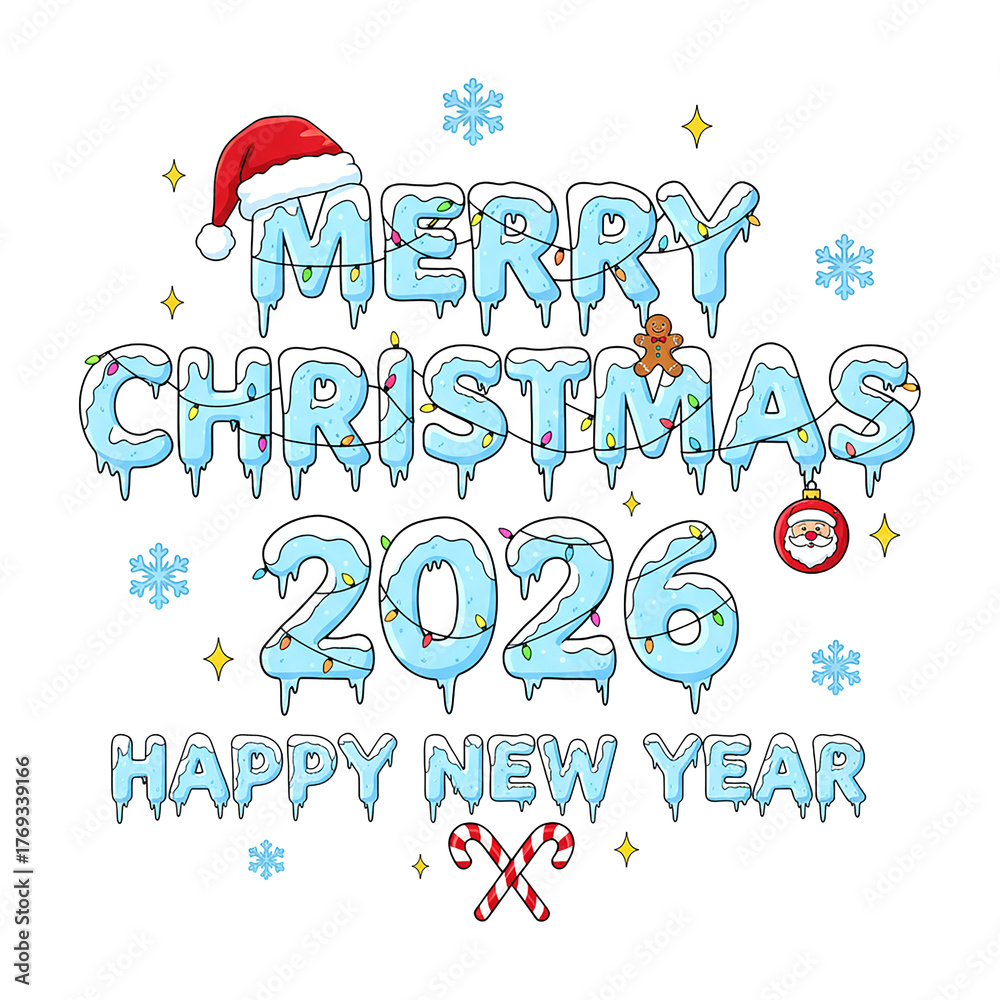 Naklejka premium Icy Blue Merry Christmas 2026 Happy New Year Text Graphic 