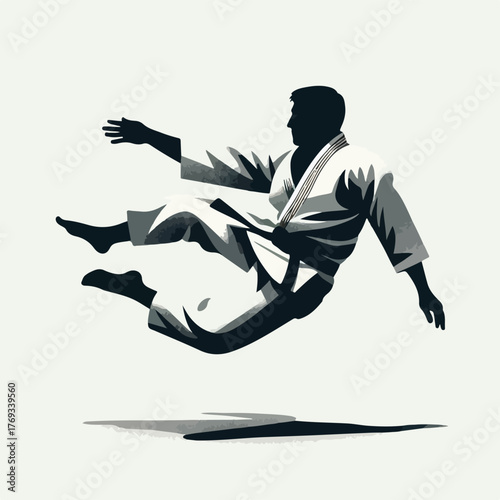 Judoka performs a throw with a simple and minimalist flat design using a white background.