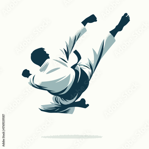 Judoka performs a throw with a simple and minimalist flat design using a white background.