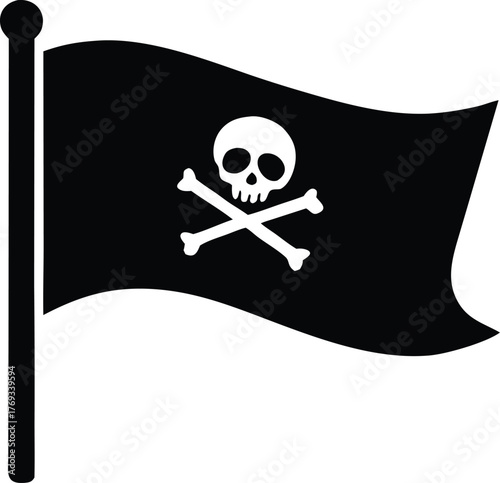 Pirate flag silhouette. Jolly Roger skull and crossbones vector icon.