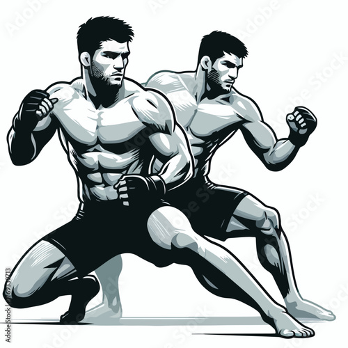 MMA fighter in a ready-to-fight pose with a simple and minimalist flat design using a white background.