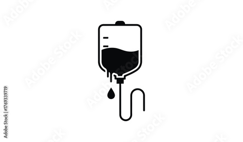 Black and white icon of an intravenous drip bag with fluid and a drop