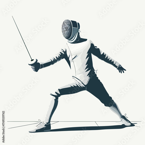 Fencer (fencing athlete) is attacking with a simple and minimalist flat design using a white background.