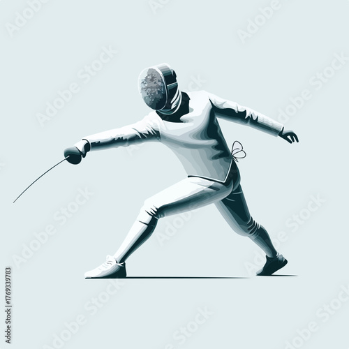 Fencer (fencing athlete) is attacking with a simple and minimalist flat design using a white background.