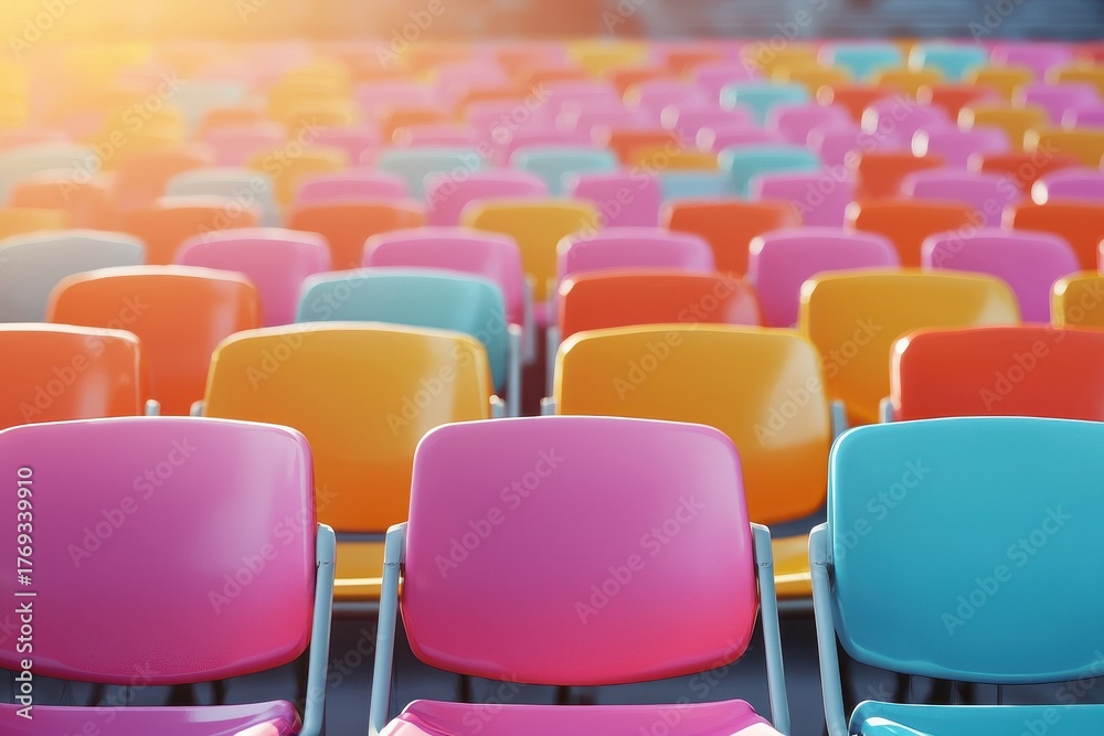 Fototapeta premium Rows of colorful stadium seats arranged in a patterned formation under soft sunlight