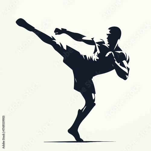 Kickboxer kicking high with a simple and minimalist flat design using a white background.