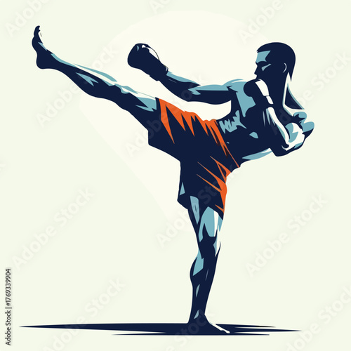 Kickboxer kicking high with a simple and minimalist flat design using a white background.