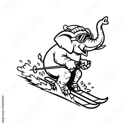 An elephant is skiing down the hill isolated on white background
