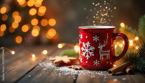 A vibrant Christmas-themed advertising photo featuring a festive mug placed on the right side of the frame. The mug is large, glossy, and richly detailed, with a holiday design — snowflakes, reindeer,