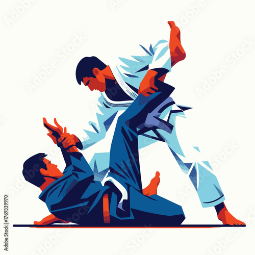 Jiu-jitsu athlete performs a lock with a simple and minimalist flat design using a white background.