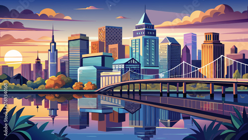 Very beautiful Wilmington skyline framed by the Delaware Memorial Bridge, viewed from New Jersey across the Delaware River, showing modern city buildings and reflections under a calm evening sky.