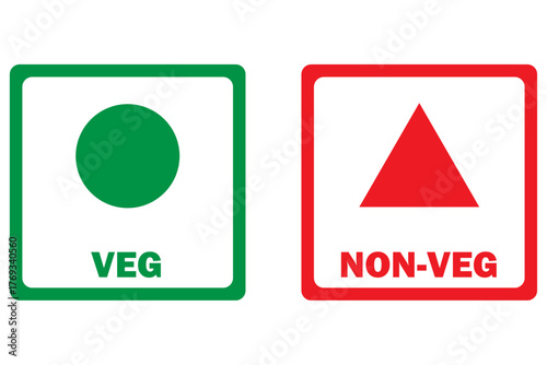 Veg and non-veg food icon dot and triangle. Vegetarian and non-vegetarian symbols. Green dot and red dot in squares. Vegan and non-vegan food labels. Vector illustration.