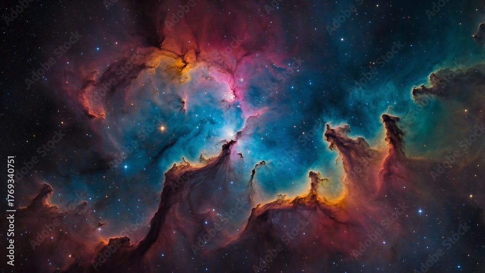 Fototapeta premium Colorful interstellar nebula filled with star clusters and luminous cosmic light effects.