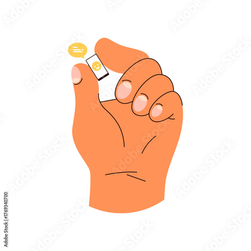 Giant hand holding smartphone with messages. Vector in flat style, isolated modern technologies and cellphone, communication via social media and messengers, chatting and texting via online means