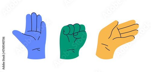 Open and closed palms with fingers. Vector clenched fist ready to fight, rebellion or defense and greeting or waving gesture sign. Non verbal communication. Gestures expressing emotions