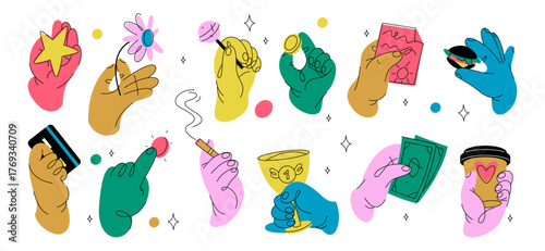 Hands holding items. Vector isolated cartoon arms with star and flower, lollipop and coin, credit card and cigarette, coffee and hamburger, money and winner cup. Palms with every day objects