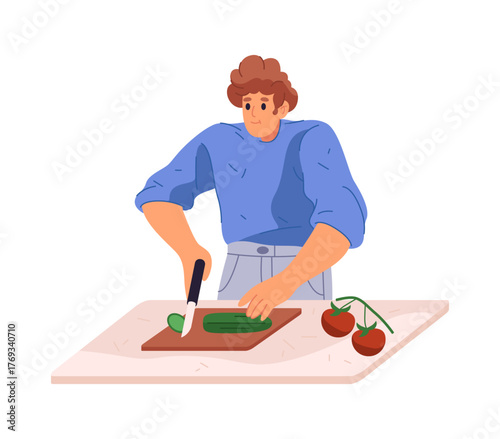 Everyday life of man, isolated male personage making salad dish in morning or evening. Vector daily routine of guy character cutting cucumbers and tomatoes. Preparing breakfast or lunch