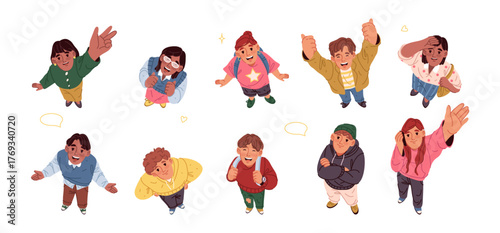 Happy diverse people looking up, top view. Vector isolated male and female cartoon characters smiling brightly and showing positive emotions. Guys and girls waving hands and showing thumb up