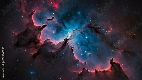 Colorful interstellar nebula filled with star clusters and luminous cosmic light effects.