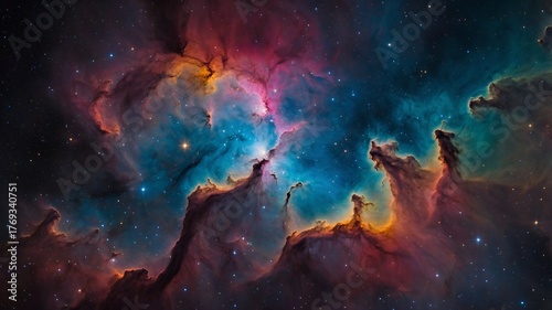 Colorful interstellar nebula filled with star clusters and luminous cosmic light effects.