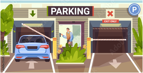 Parking entrance with barrier gate and security guard. Vector worker controlling flow of cars entering and exiting lot. Safety protocols and professional supervision. Secure environment for vehicles