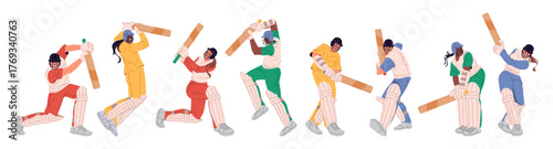 Cricket players in full action pose with bat raised. Vector isolated professional sportsmen wearing helmet and uniform, striking ball with power and precision. Sport competition or training