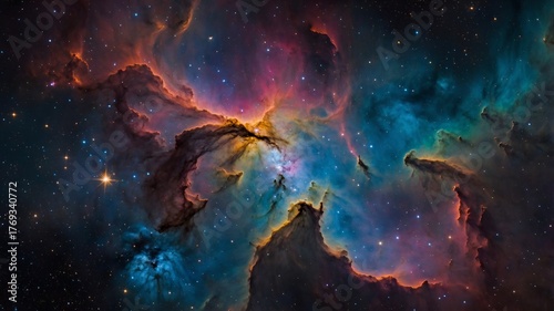 Colorful interstellar nebula filled with star clusters and luminous cosmic light effects.