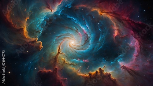 Vibrant cosmic nebula with swirling colorful clouds, glowing stars, and deep space atmosphere.