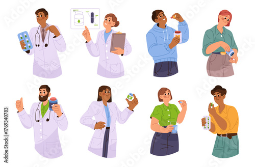 Doctors showing pills and medicine to patients. Vector isolated set of pharmacist giving prescriptions to people. Personages taking medication, healthcare and remedy for illness and cure for sickness