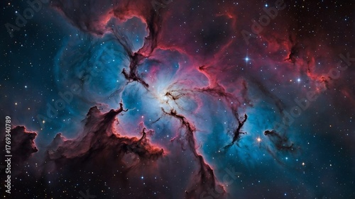 Vibrant cosmic nebula with swirling colorful clouds, glowing stars, and deep space atmosphere.