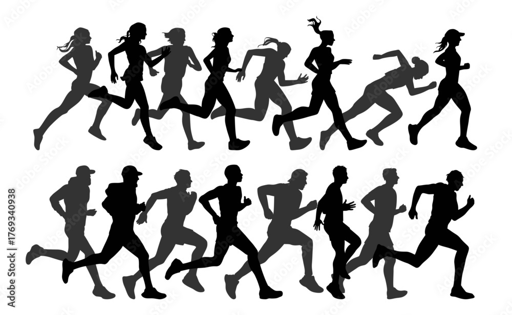 Obraz premium Silhouette of crowd of people running together in one direction. Vector personages in dynamic motion, group jogging or marathon participants. Fitness or competition. Sport activities and health