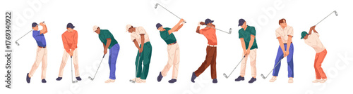 Golfers swinging clubs. Vector sportsman concentrating before hitting balls, players in action. Active hobby and outdoor recreation with focus and energy. Golf during warm season training