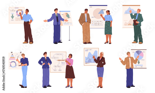 Employees working in team, isolated set of people dealing with project tasks. Vector business people showing ideas on presentation, brainstorming and thinking on solution of company problems