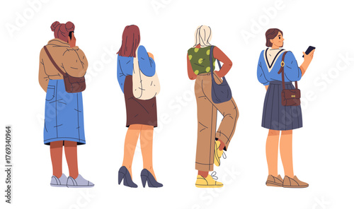 Back view of people standing in line. Vector in flat style, isolated characters girls wearing casual clothes looking at phone, chatting or talking. Crowd of personages, waiting in shop or airport