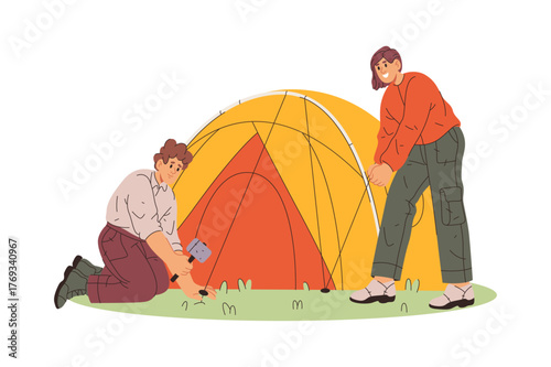 Man and woman setting tent to sleep outside on nature. Vector in flat style, isolated couple camping and resting outdoors. Hiking and backpacking male and female, active lifestyle of personages