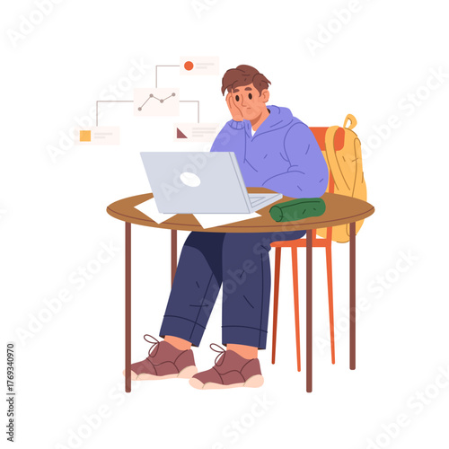 Student boy doing homework on laptop at home or school class. Vector in flat style, isolated male character completing project with data and analysis. College or university tasks and assignments