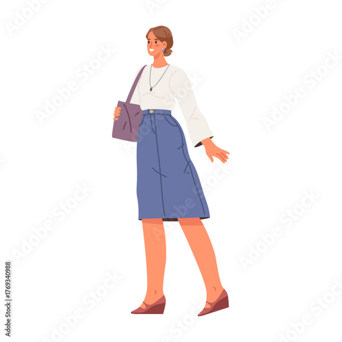 Walking young lady personage wearing elegant or formal clothes and shoulder bag. Vector isolated student, woman strolling outside, going to or from work. Cheerful female character on walk